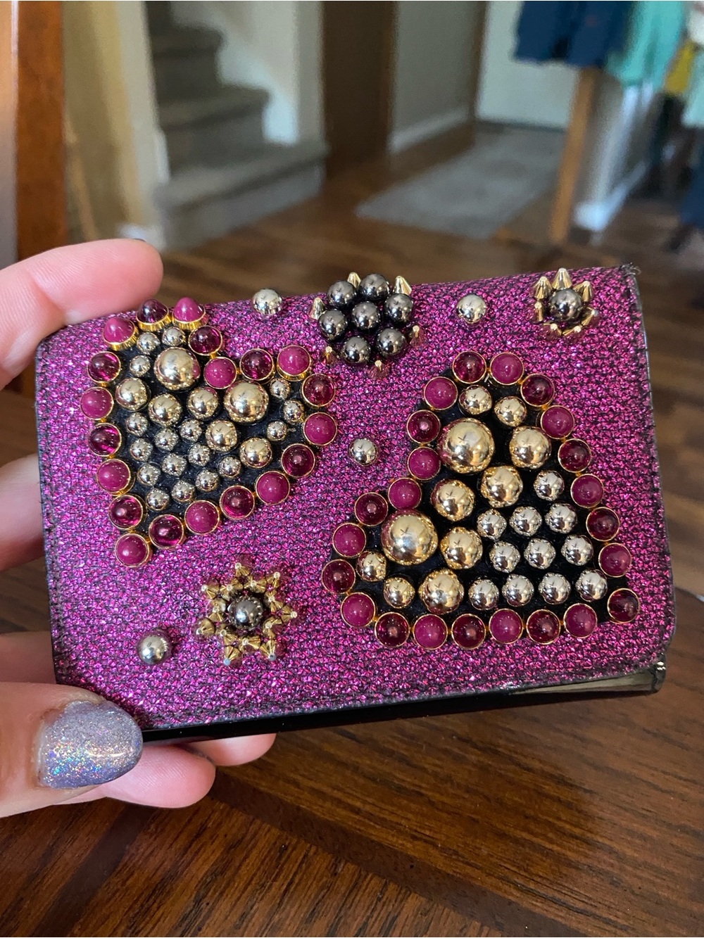 Christian Louboutin Embellished Glitter Card Holder Wallet - Pink-